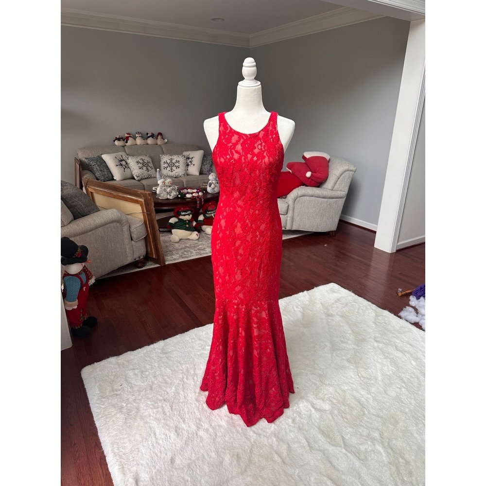 Aiden Mattox Ball‎ Gown Red Floral Lace Evening Dress Like New Womens 8